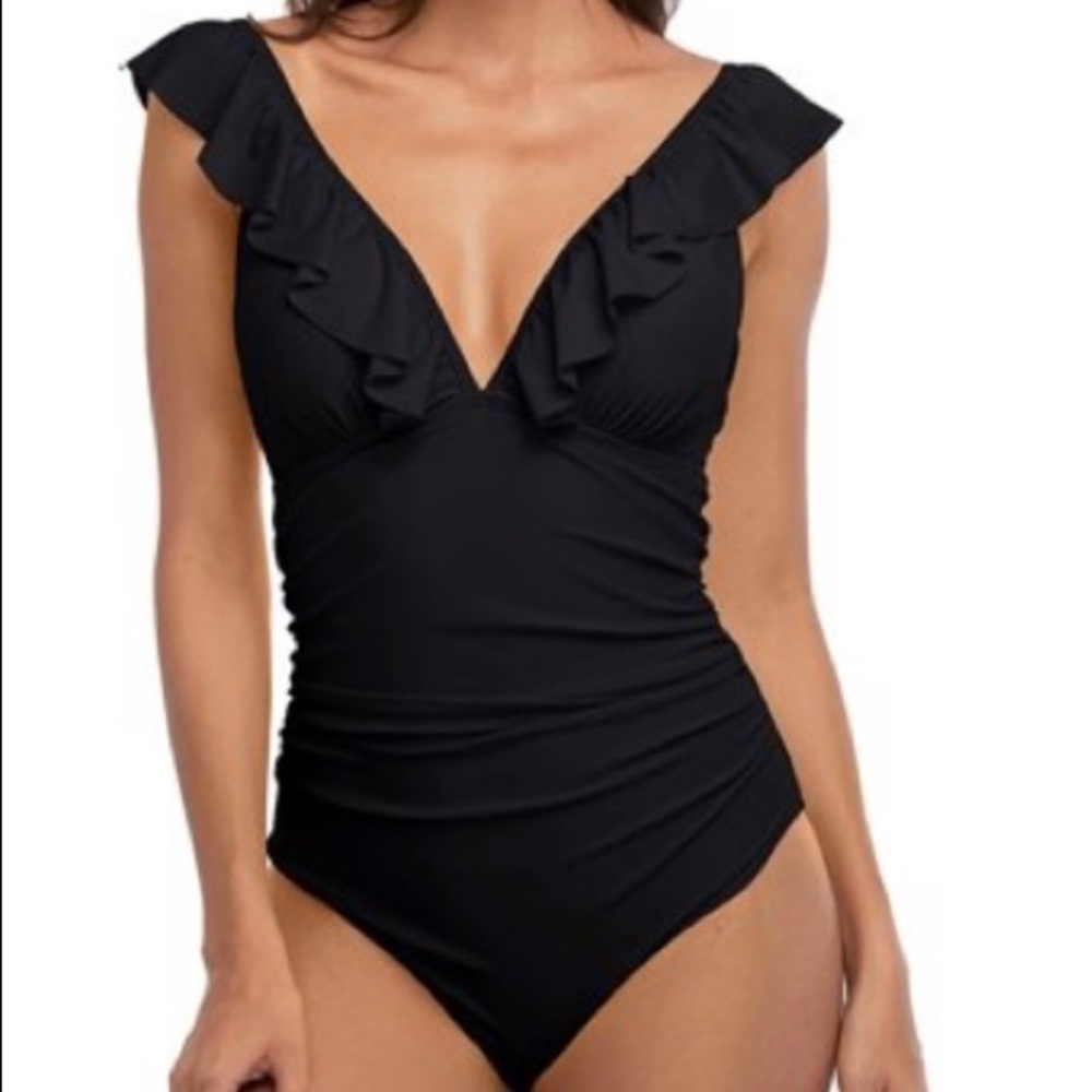 Mycharmo One Piece Black Swimsuit Vneck Ruched
